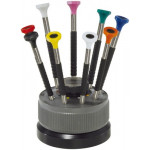 Socle tournant avec 9 tournevis d'horloger en acier inox avec membrane en élastomère, tête ergonomique en matière synthétique POM autolubrifiant, avec réservoir avec mèches de rechange