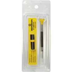 Tournevis d'horloger en acier inox, Ø 0.80 mm,  avec membrane en élastomère, tête ergonomique en matière synthétique POM autolubrifiant, avec 2 mèches de rechange en tube plastique
