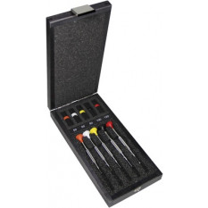 Assortiment de 5 tournevis d'horloger en acier inox, tête ergonomique en matière synthétique POM autolubrifiant, en coffret bois