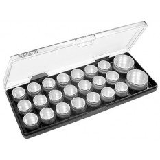 Boîte en plastique noir avec couvercle à charnière transparent, avec 23 boîtes en aluminium, 260 x 105 x 24 mm