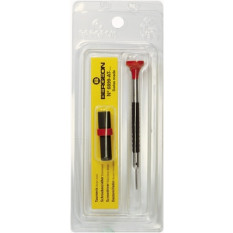 Tournevis d'horloger en acier inox, Ø 1.20 mm,  avec membrane en élastomère, tête ergonomique en matière synthétique POM autolubrifiant, avec 2 mèches de rechange en tube plastique