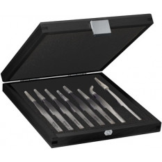 Assortiment de 8 brucelles B-XEL en acier 100% antimagnétique, finition soignée, pointes 11, alliage "haute qualité", très bonne résistance à la corrosion, à la chaleur (450°) et aux acides, en coffret bois