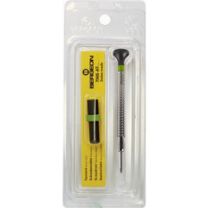 Tournevis d'horloger à profilé spécial, Ø 0.90 mm, en acier inox, tête ergonomique en matière synthétique POM autolubrifiant, avec 2 mèches de rechange en tube plastique