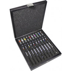 Assortiment de 10 tournevis d'horloger en laiton chromé, en coffret bois