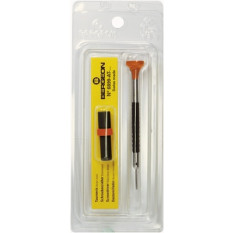 Tournevis d'horloger en acier inox, Ø 0.50 mm,  avec membrane en élastomère, tête ergonomique en matière synthétique POM autolubrifiant, avec 2 mèches de rechange en tube plastique