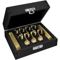 Assortiment de 7 estrapades à droite No 0 à 6 (Ø 5.6 mm à 9.8 mm) avec manche à droite, et 7 manivelles à gauche No 0 à 6 avec manche à gauche, en coffret bois