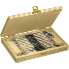 Assortiment de tourne et pousse-viroles, broches et leviers pour viroles et aiguilles, en coffret bois