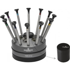 Socle tournant avec 12 tournevis d'horloger à profilé spécial Tork Speed en acier inox, avec 6 emplacements pour cartouches dynamométriques et un container amovibles avec mèches de rechange