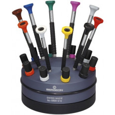 Socle tournant avec 10 tournevis d'horloger en aluminium avec membrane en élastomère, tête ergonomique en matière synthétique POM autolubrifiant, avec mèches de rechange en tubes plastiques