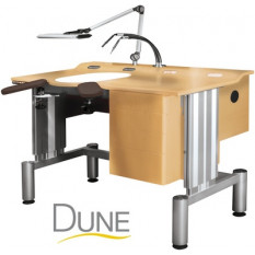 Etabli d'horloger DUNE pour le SAV en bois clair, plateau à 2 niveaux, levage électrique 4 positions programmables, accoudoirs en simili-cuir sur articulation, 1 layette de 3 tiroirs