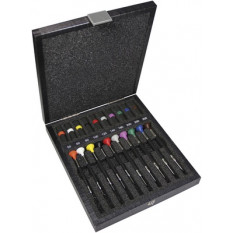Assortiment de 10 tournevis d'horloger en acier inox avec membrane en élastomère, tête ergonomique en matière synthétique POM autolubrifiant, en coffret bois
