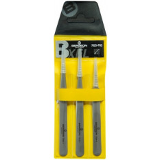 Assortiment de 3 brucelles B-XEL en acier 100% antimagnétique, finition soignée, pointes 11, alliage "haute qualité", très bonne résistance à la corrosion, à la chaleur (450°) et aux acides, en pochette plastique