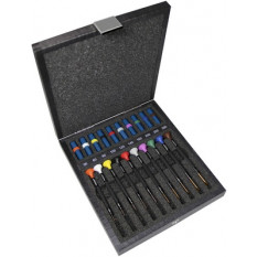 Assortiment de 10 tournevis d'horloger en aluminium 100% antimagnétique avec membrane en élastomère, tête ergonomique en matière synthétique POM autolubrifiant, en coffret bois