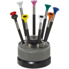 Socle tournant avec 9 tournevis d'horloger en acier inox avec membrane en élastomère, tête ergonomique en matière synthétique POM autolubrifiant, avec réservoir avec mèches de rechange
