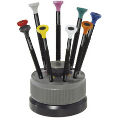 Socle tournant avec 9 tournevis d'horloger en aluminium 100% antimagnétique avec membrane en élastomère, tête ergonomique en matière synthétique POM autolubrifiant, avec réservoir avec mèches de rechange